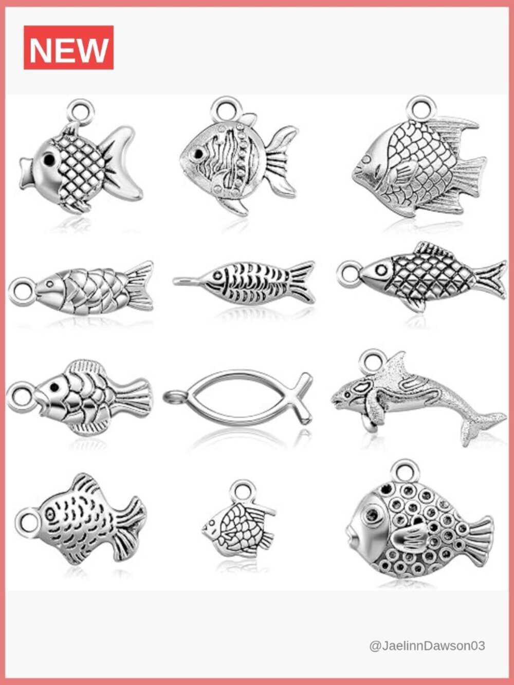 60 Fish Charms for Jewelry Making - Antiqued Silver Alloy Pendants 12 Styles